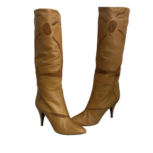 Vintage Antonio da Pescara Cognac Leather Floral Knee High Boots Italy Size 8.5 - Picture 2 of 9